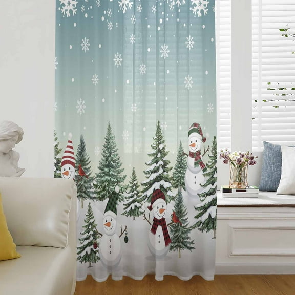 Christmas Snowman Semi Sheer Curtains Drapes for Living Room, Bedroom, French Doors Window 108 Inches Long, Xmas Snowflake Tree Winter Rod Pocket Chiffon Curtain Drapery Voile Draperies Panel