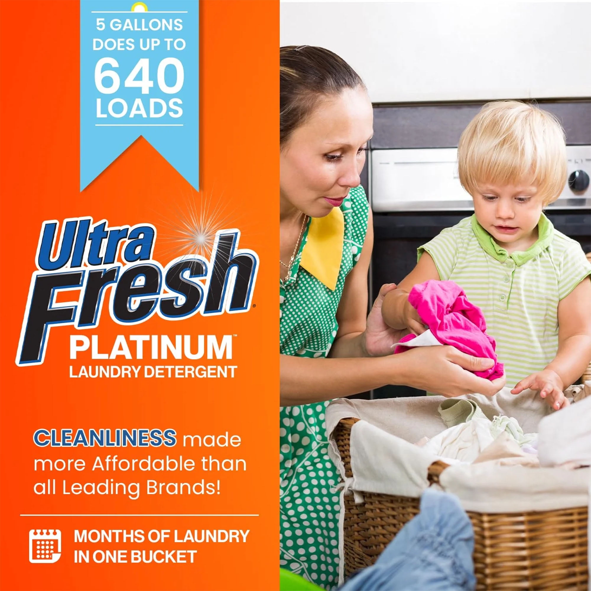 Ultra Fresh 3 Pack 6X Platinum Laundry Detergent, Up to 640 Loads, Bleach Alt, 5 Gallon