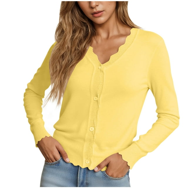 Wensltd Lightweight Knitted Cardigans for Women V Neck Summer Fall Long Sleeve Tops Button