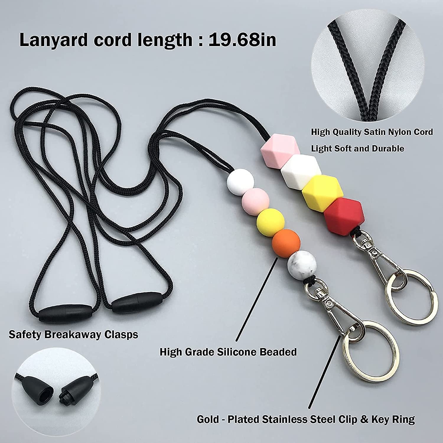 2PCS Badge Lanyards for Women Cute Lanyard Necklace for Teachers Nurse Employees Students Key Chain Holder with Key Ring for Keys / ID Badges Fashion Silicone Beaded Lanyard 