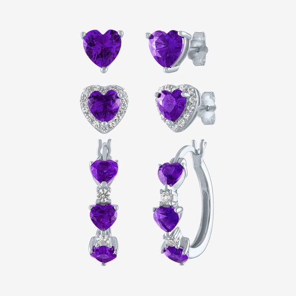 Womens Amethyst Sterling Silver Heart 3 Pair Earring Set
