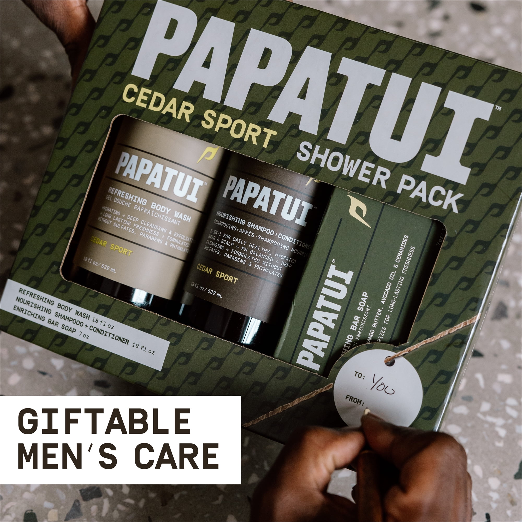 Papatui Holiday Gift Set, Men's Care Shower Pack, Shampoo Conditioner, Body Wash, Big Bar Soap,  Cedar Sport Scent, Full Sizes, Limited Edition