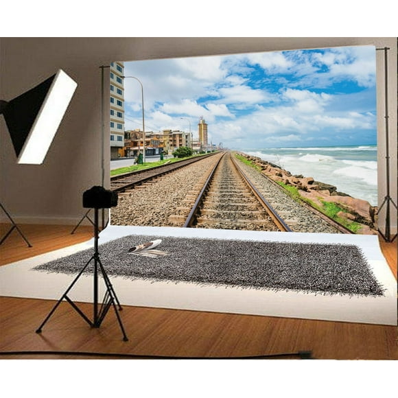 EREHome Polyester Fabric 7x5ft Seaside Backdrop Railroad Tracks Stones Building House Blue Sky White Cloud Nature Travel Photography Background Kids Adults Photo Studio Props