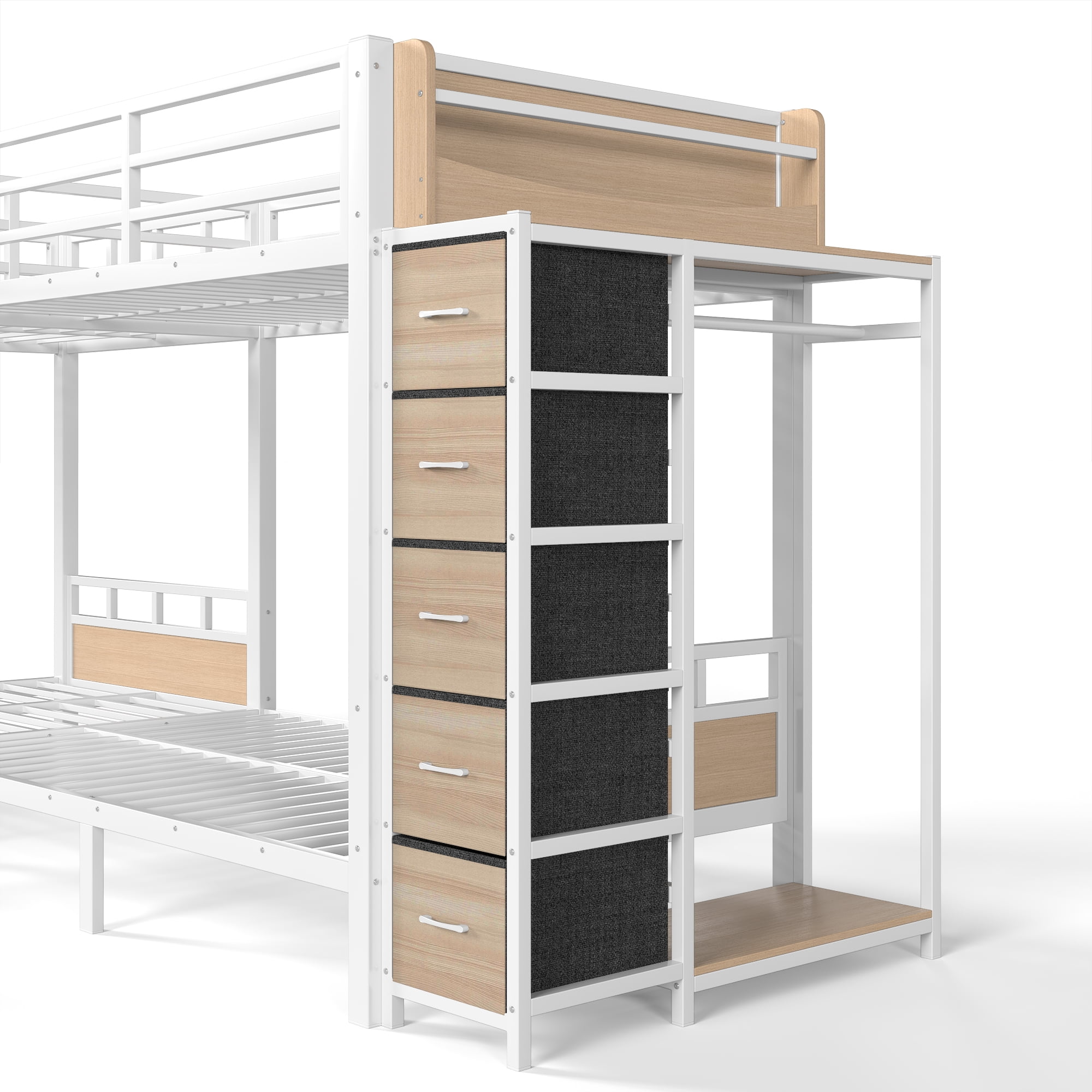 GARITIN Quad Twin Metal Bunk Bed 129.53 Inch, 4 Twin Bed Frame with Storage Drawers and Wardrobe for Kids Room, White