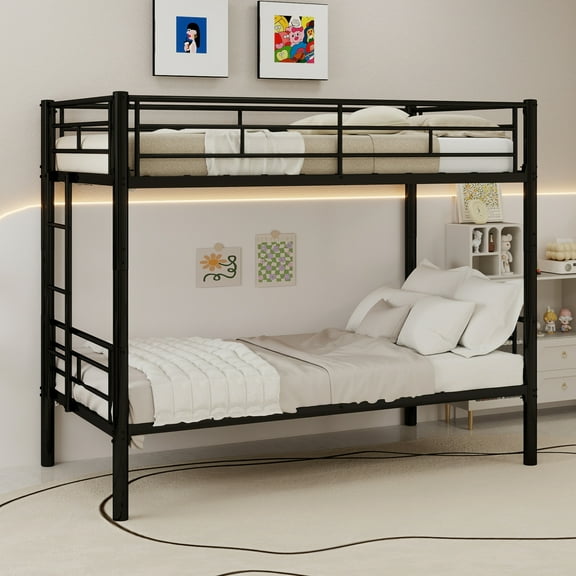 Leumius Twin Over Twin Bunk Bed for Kids Boys Girls, Metal Bunk Bed with Ladders & Guardrail,Convertible 2 Beds,Black