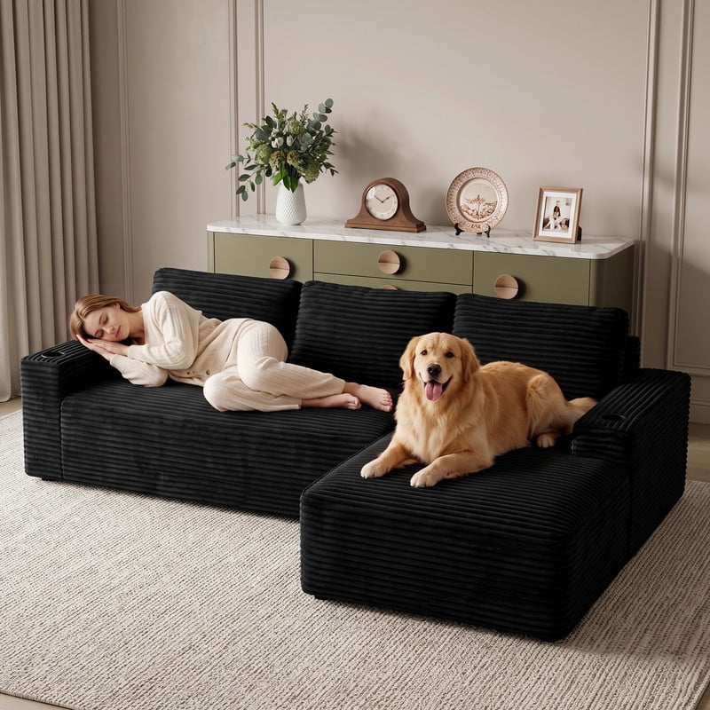 Anpport 104" Boneless Cloud Modular Sectional Couch, Corduroy Sofa with Cup Holders, Side Pockets, Deep Seat, No Assembly Required for Living Room, Black (R‑Shaped, Right Facing Chaise)