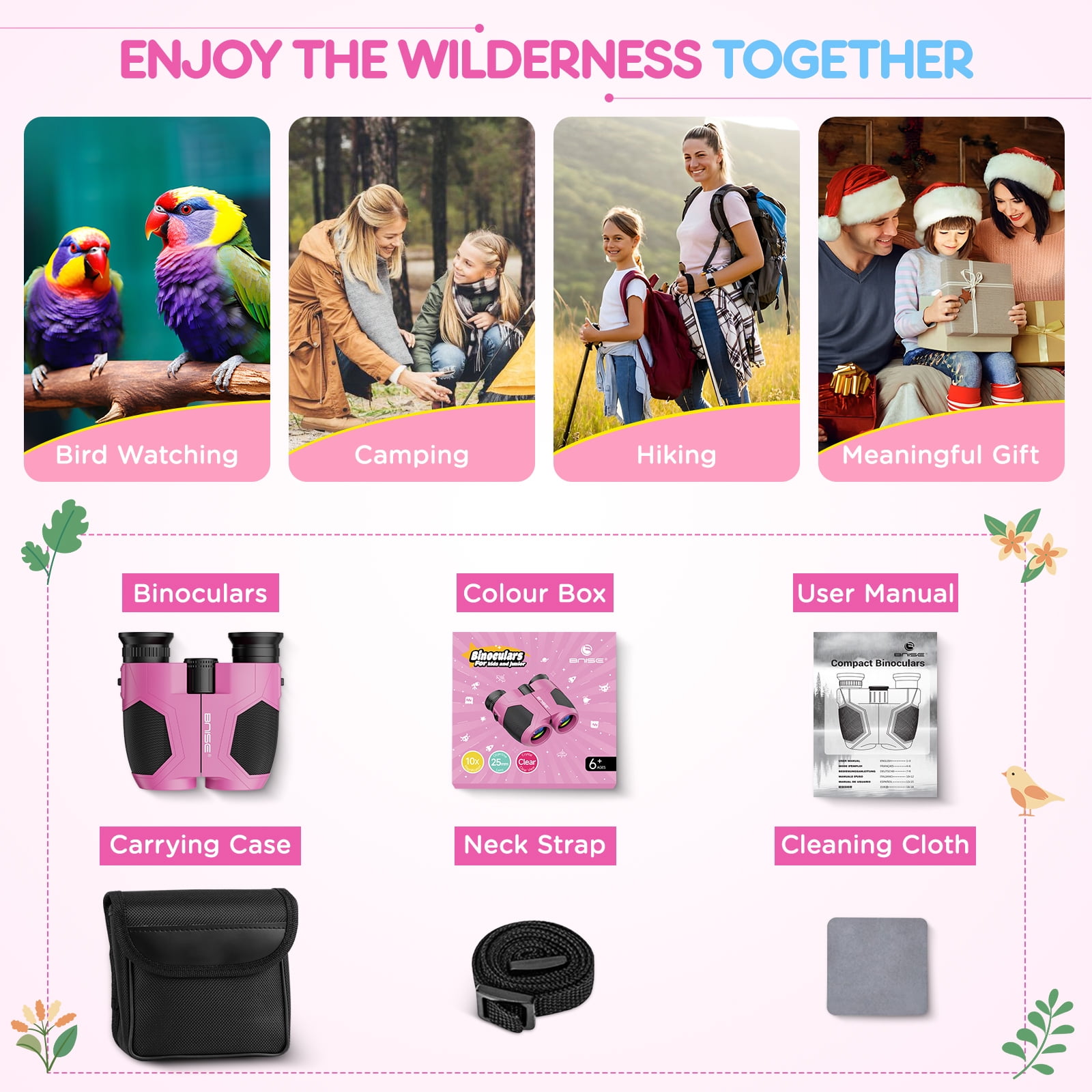 BNISE 10x25 Compact Binoculars for Adults and Kids-Small Binoculars for Travel Bird Watching Waterproof/Easy Focus/High Powered/ Low Light Vision-Pink