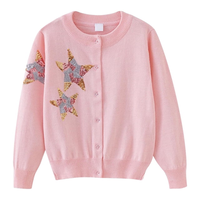 WRKEKC Cardigan Fille Enfants Décontracté Étoile Pailletée Ornée Bouton devant Col Rond Veste Tricotée Manches Longues Douce Confortable Manteau Décontracté pour 2 - 12 Ans