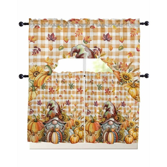 Thanksgiving Gnomes Kitchen Curtains Sets 36 Inch Length with Valance, Fall Pumpkins Leaves Retro Plaid Swag Valances and Tiers Curtain Set Drapes Swag Curtains for Living Room, Bathroom, Bedroom