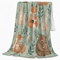thumbnail image 2 of Bear Deer Fox and Bunny Families among Mint Leaves and Flowers, Tender Watercolor Woodland Family Art for Kids, Cozy Flannel Blanket for Nursery and Playroom, Baby Shower Gift, Home Decor, 2 of 9
