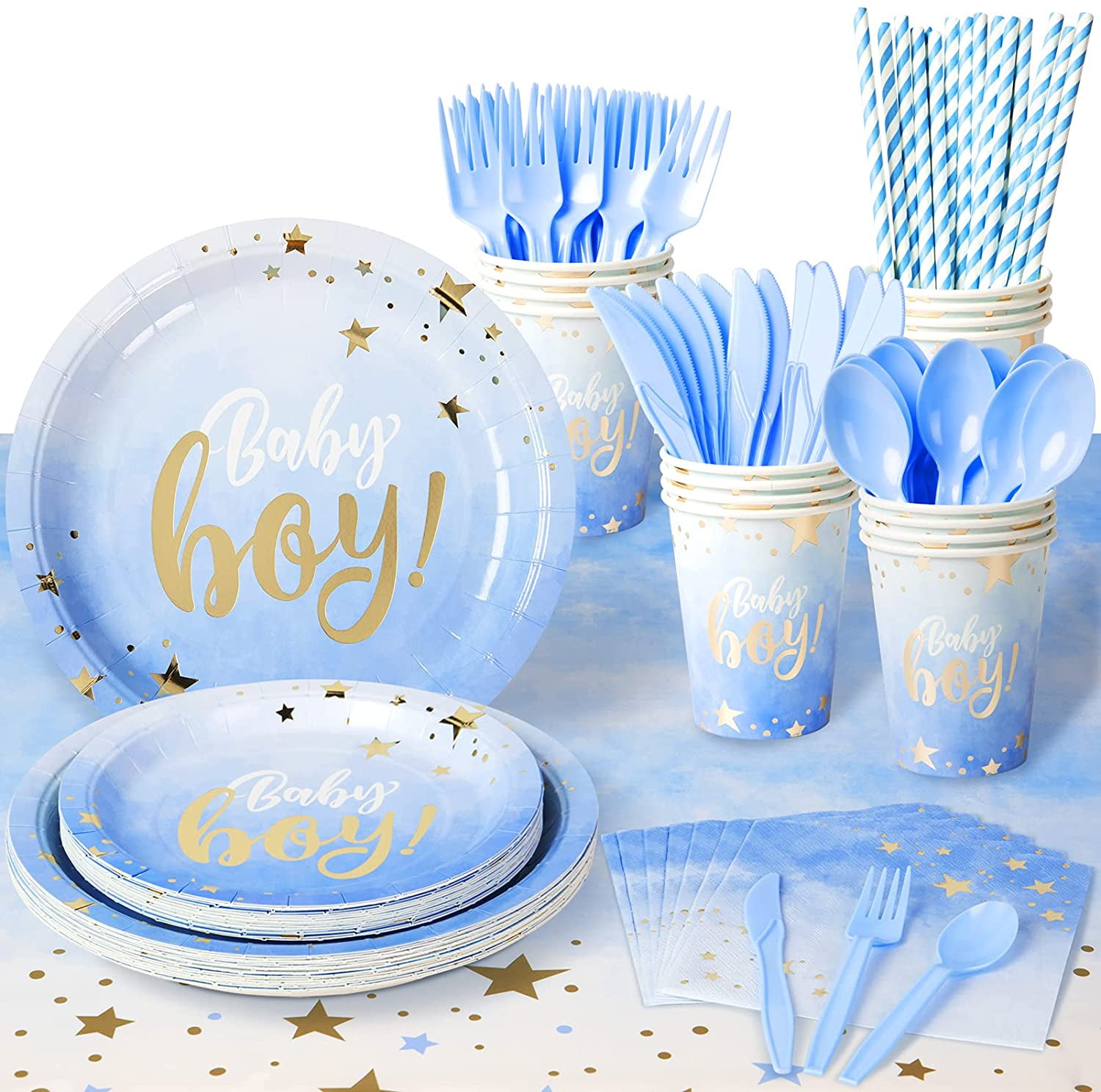 129 Pcs Baby Shower Plates and Napkins for Boy Serves 16, Blue Baby Boy Party Supplies, Oh baby ...