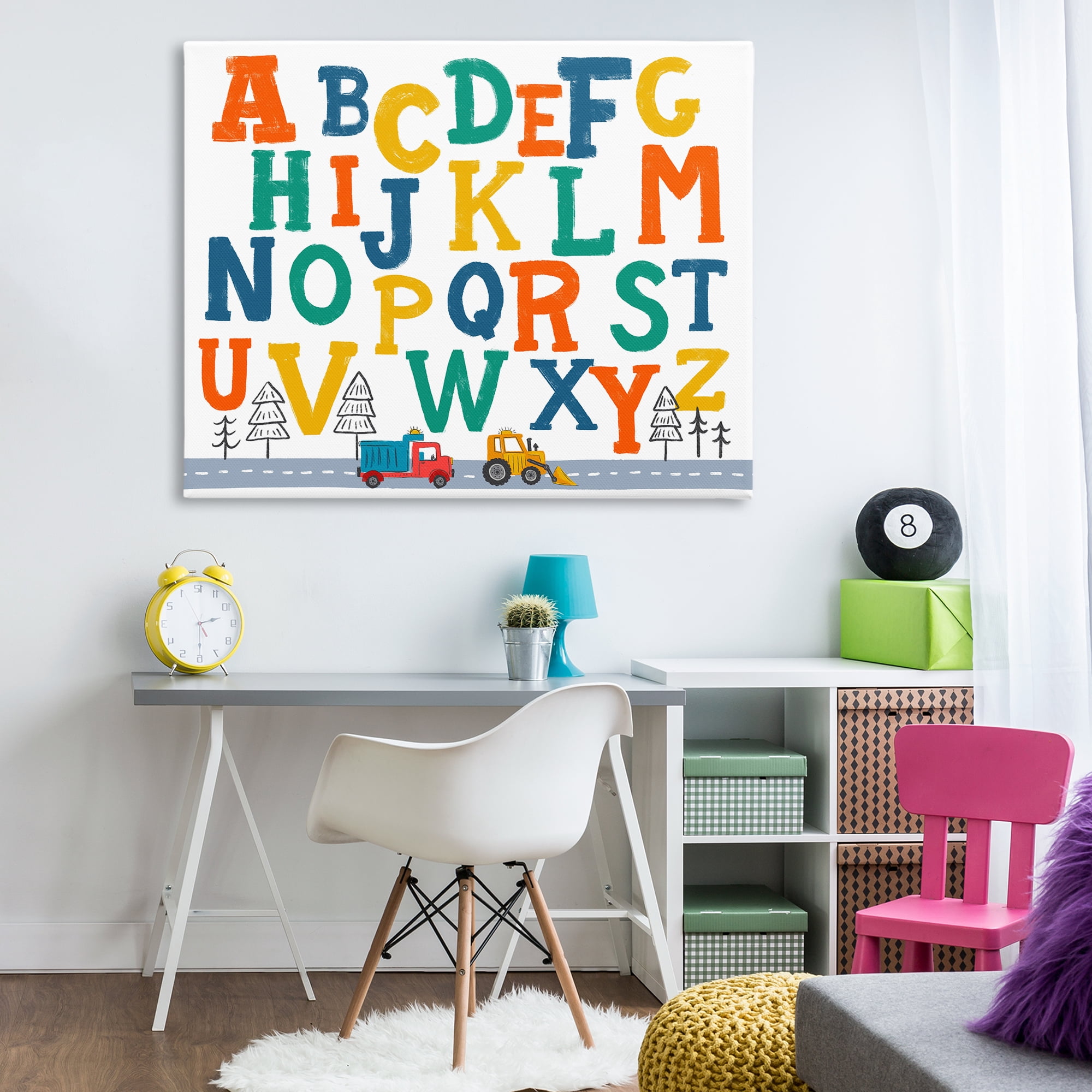 Stupell Industries Alphabet & Construction Trucks Education Painting Wrapped Canvas Art Print Wall Art, 48 x 36
