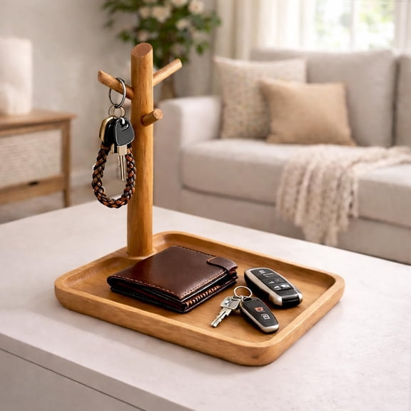 HBMYN Acacia Wood Key Tray for Entryway Table (Square)|Wooden Catchall Organizer with Jewelry Storage Rack,Valet Tray for Keys Wallet Watches Sunglasses Rings,Easy to Assemble