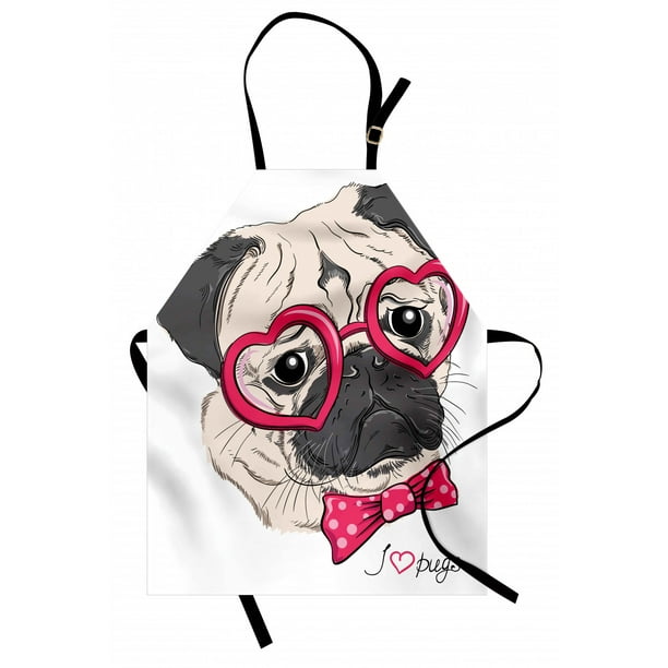 Pug Apron Fashionable Dog With Heart Shaped Glasses And Dotted Bow Tie I Love Pugs Drawing Unisex Kitchen Bib Apron With Adjustable Neck For Cooking