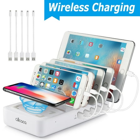 40W Wireless Charging Station - 5 USB Ports and 1 Qi Wireless Charging Pad Fast Charging Dock Organizer for iPhone, ipad, Samsung, Android Phone, (Best Android Docking Station 2019)