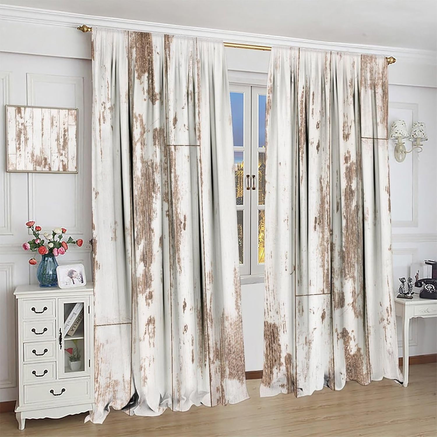 Rustic Curtains Farmhouse Wood White Blackout Print Rod Pocket Window Drapes for Bedroom Living Room 42x54in