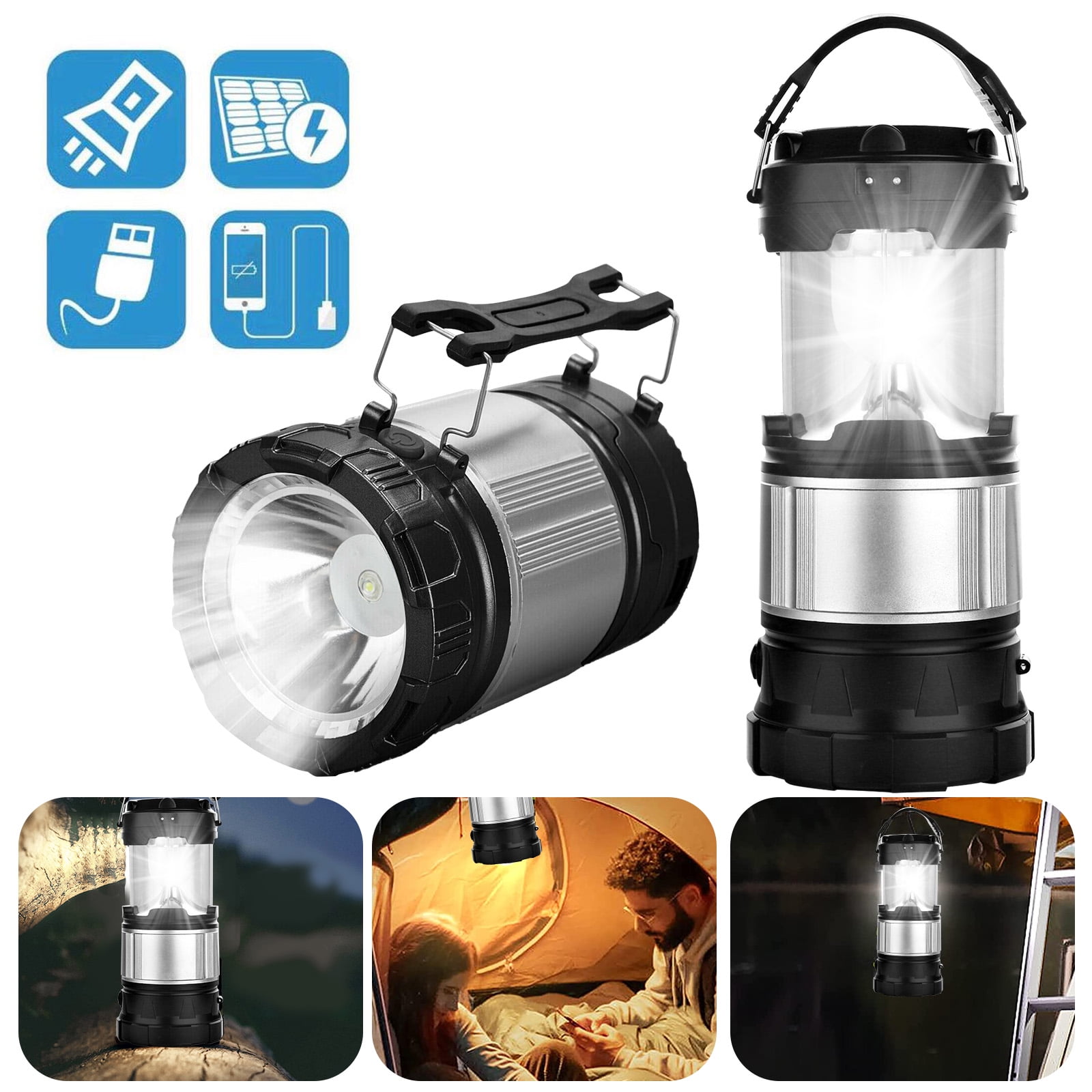 kan zijn impuls Overtuiging Solar LED Camping Lantern Flashlight, Portable 2-in-1 Collapsible  Flashlight LED Light with Rechargeable Built-in Power Bank, Perfect Choice  for Camping, Hiking, Emergency, Storm Season, Power Outage - Walmart.com