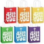 24 Sets Christian Gift Bulk Jesus Loves You Paper Bag 6 Colors Religious Bible Verse Treat Bag with Handles Inspirational Sunday School Gift for VBS 2025 Church Party First Communion Baptism