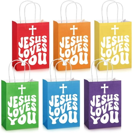 24 Sets Christian Gift Bulk Jesus Loves You Paper Bag 6 Colors Religious Bible Verse Treat Bag with Handles Inspirational Sunday School Gift for VBS 2025 Church Party First Communion Baptism