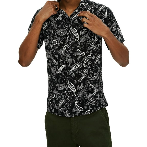 Elevenparis Mens Paisley Button Up Shirt, Black, Medium