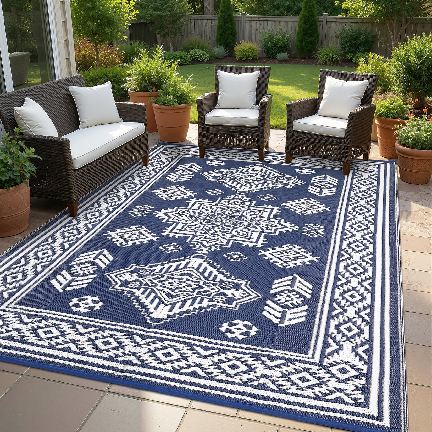Nanan 9'x18' Indoor Outdoor Rug Boho Waterproof Plastic Straw Patio Rug, Reversible RV Camping Carpet for Backyard, RV, Deck, Porch, Balcony, Dark Blue