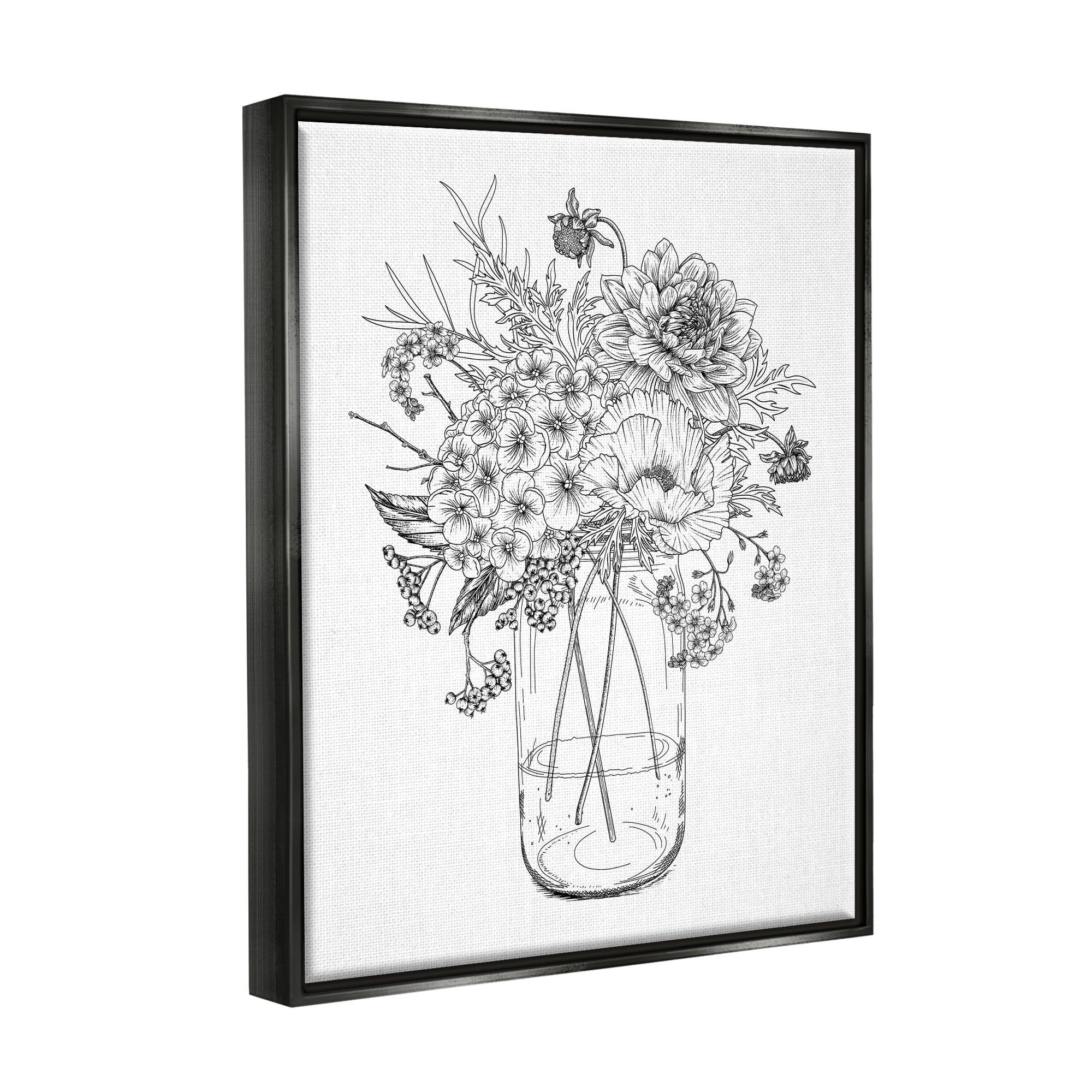 Stupell Industries Detailed Varied Flower Bouquet Blossoming Wildflower Blooms Graphic Art Jet Black Floating Framed Canvas Print Wall Art, Design by Lettered and Lined