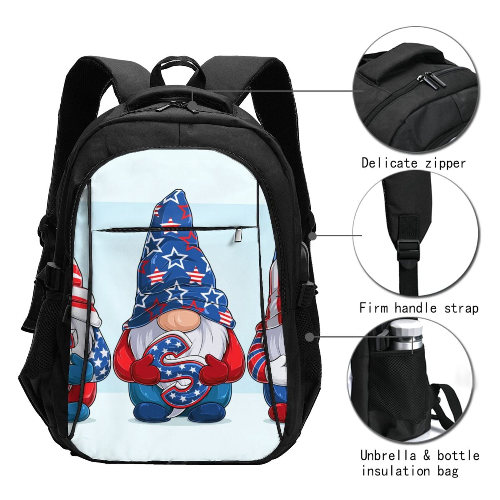 Xecao Cute Gnomes in USA1 for Travel Laptop Backpack, USB-Charging-Enabled, Spacious Business Backpack for Men and Women,College School Computer Bag