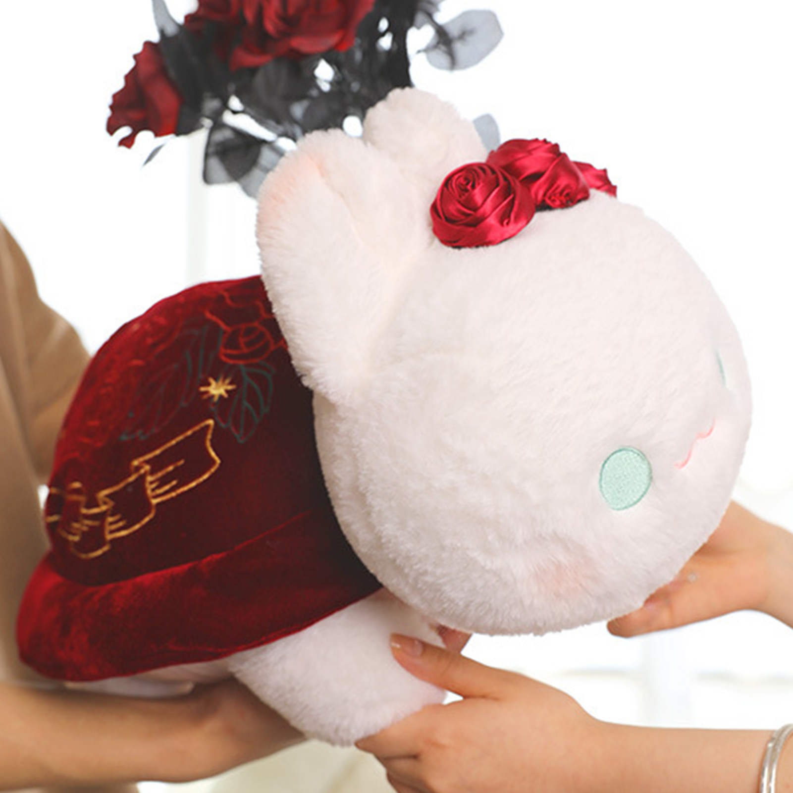 D-GROEE Soft Rabbit Plush Toy Rabbit Plush Toy with Shell Rose Golden Coins Pink Flower Soft Fuzzy Stuffed Plushie Home Decoration Girlfriend Valentine's Day