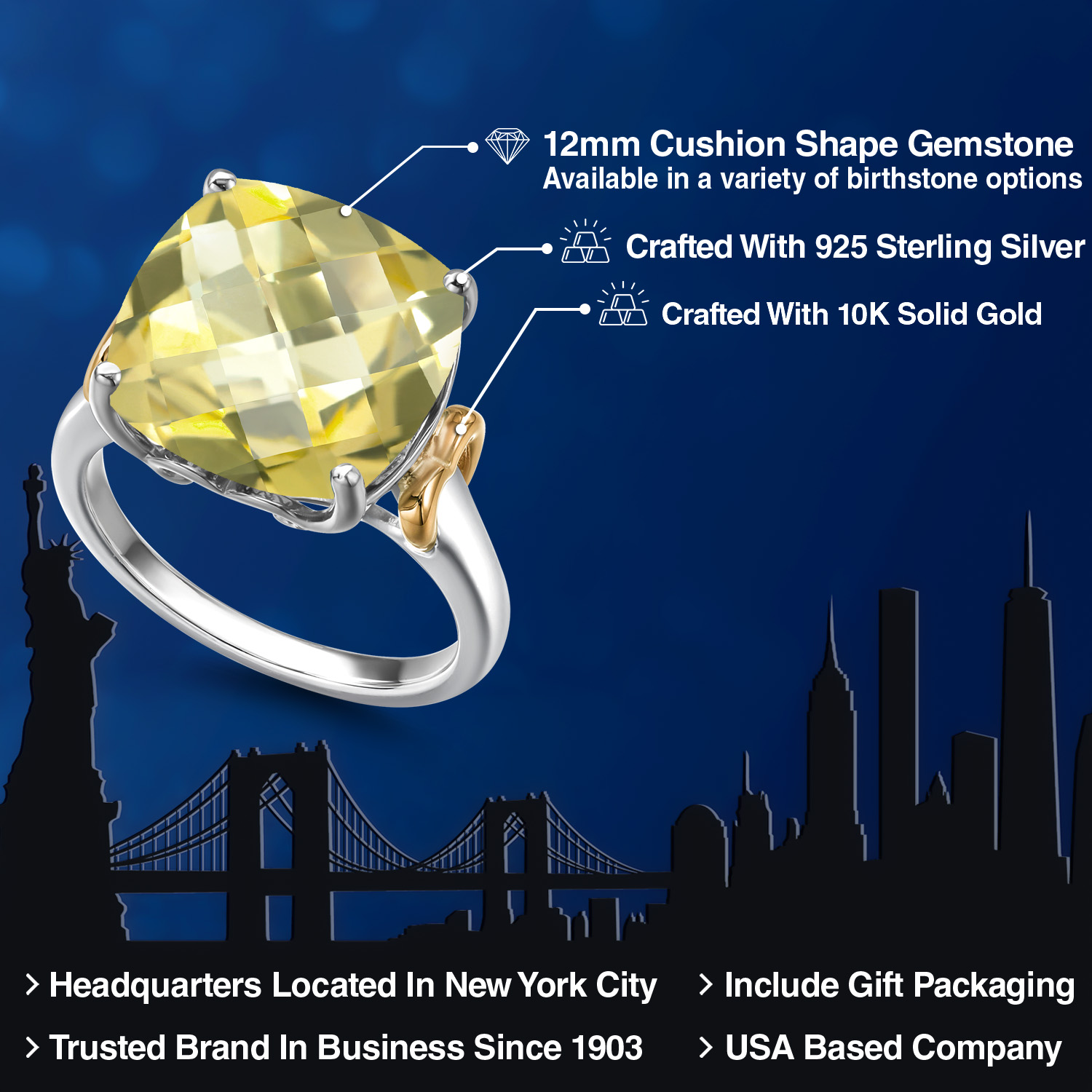 Gem Stone King 925 Silver and 10K Yellow Gold Yellow Lemon Quartz Solitaire Engagement Ring for Women | 6.70 Cttw | Cushion Checkerboard 12MM | Gemstone Birthstone | Size 9