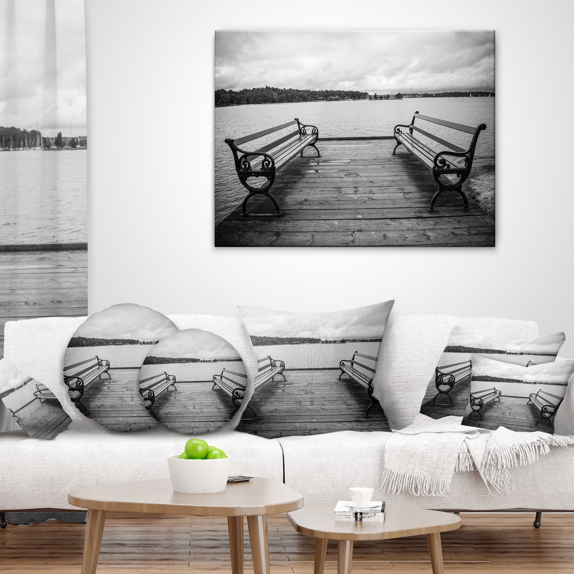 Designart Benches on Bridge by Water Side - Bridge Throw Pillow - 16x16