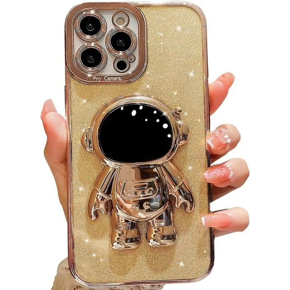 for iPhone 11 Glitter Case Luxury Plating Astronaut Hidden Stand Case, Cute 3D Kickstand, Bling Slim Thin Shockproof for Women Girls Protective Clear Phone Cover Case, 6.1 inch, Gold