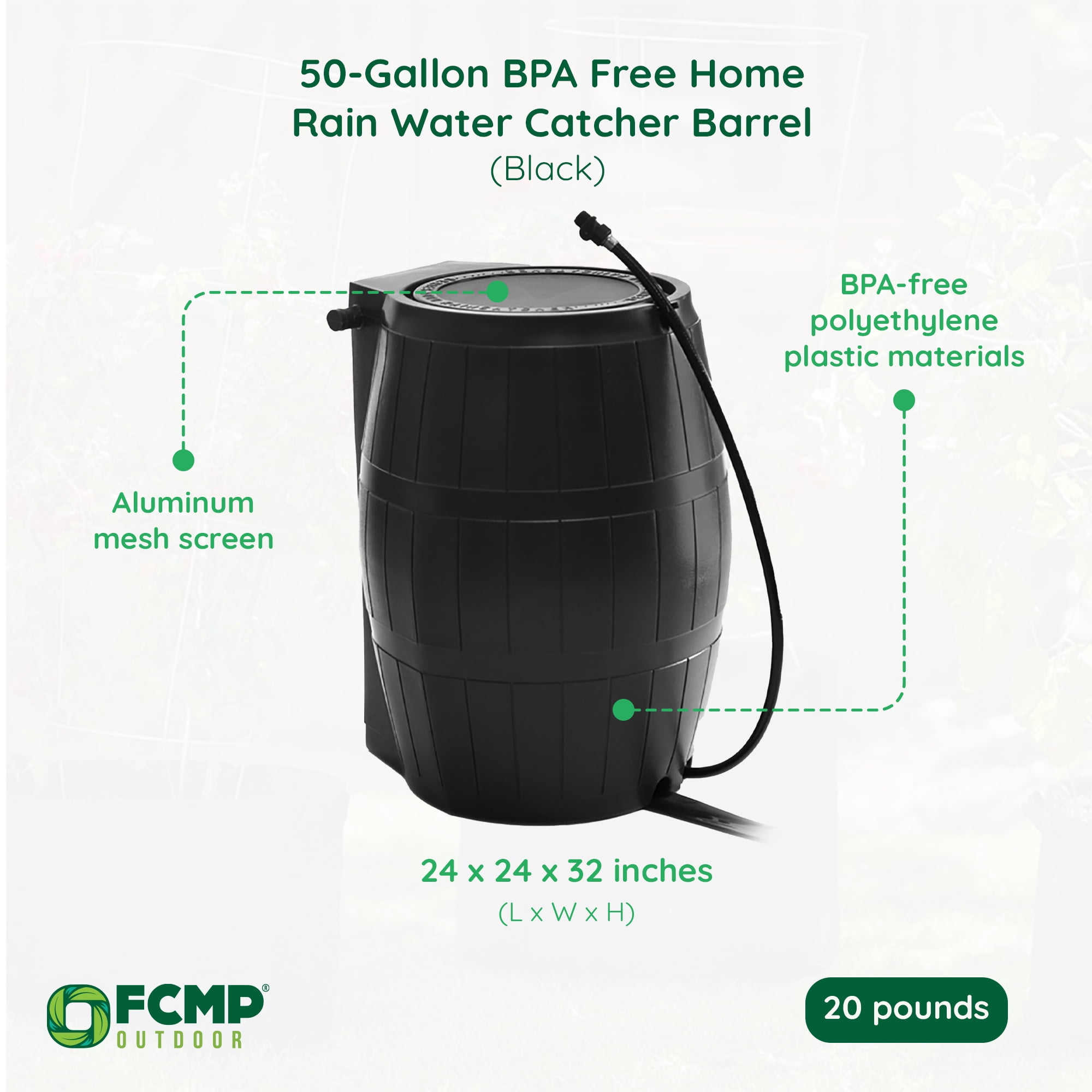 FCMP Outdoor RC4000 50 Gallon Outdoor Rain Water Catcher Barrel, Black