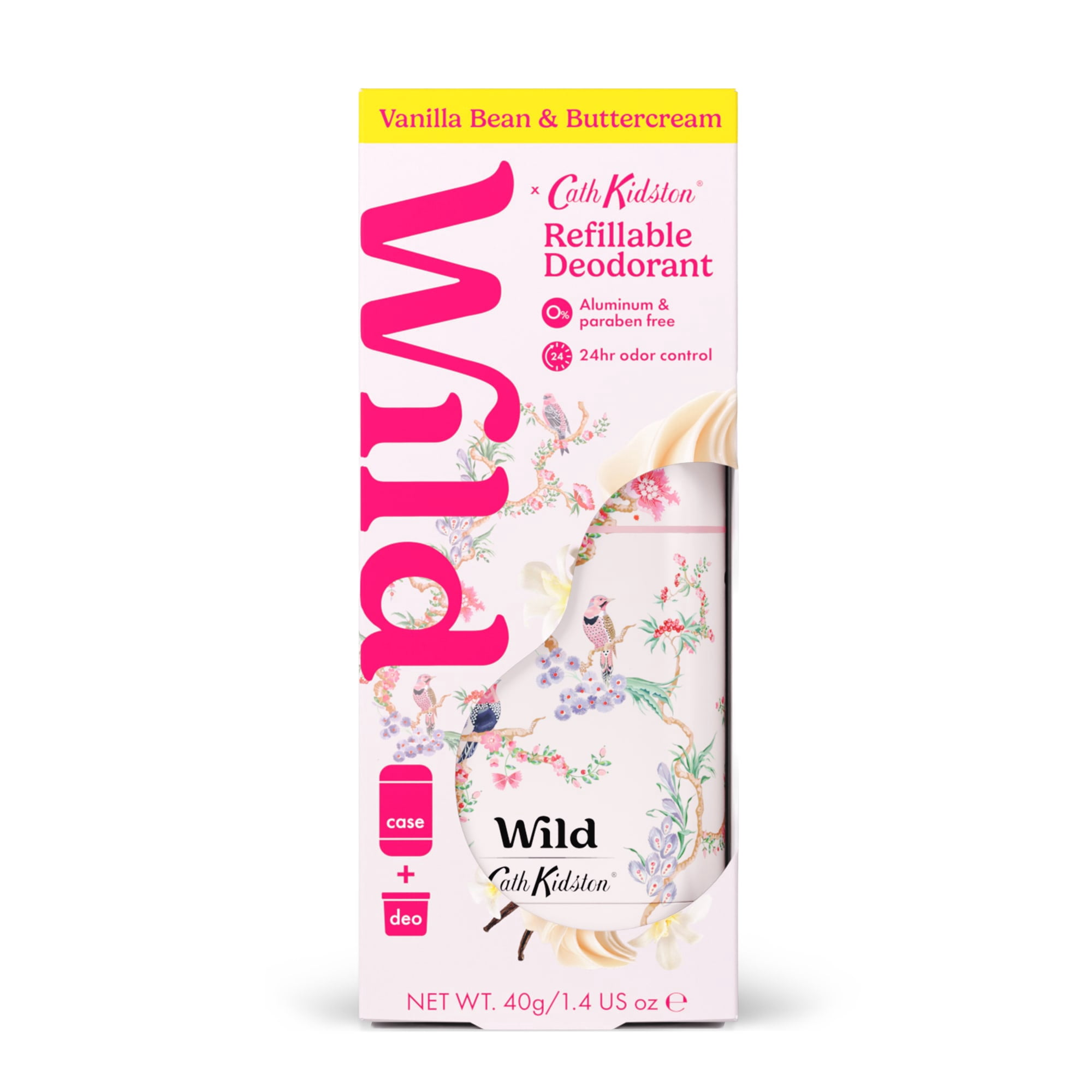 Wild Refillable Deodorant Starter Pack – Aluminum Free. Cath Kidston Birds & Berries Case + Vanilla Bean & Buttercream Refill, for Women and Men, 1.4oz