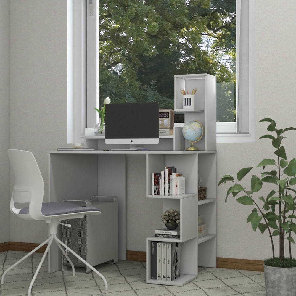 Demi Bonn Modern Computer Desk with Storage Bookshelf and Hutch for Home Office Desk Study Writing Table, White