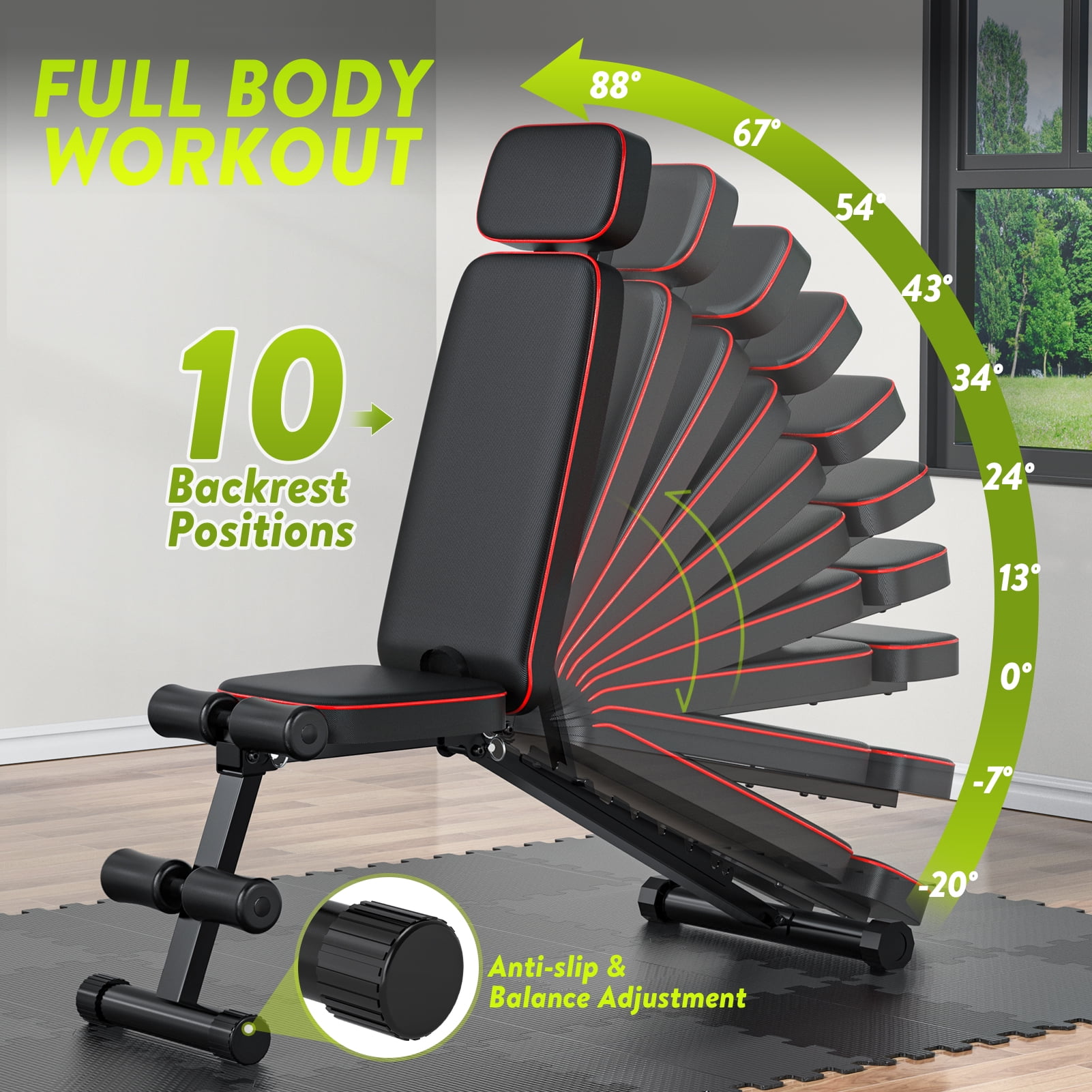Adjustable Weight Bench Foldable -800LB Workout Bench, Extended head and neck protection design, 3 Sec Fast Folding Multi-Purpose for Full Body Workout