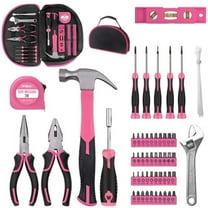 Pink Tool Kit - 128 Pieces Pink Tool Set with Easy Carrying Round Pouch, Household Tool Kit Perfect for DIY, Home Maintenance