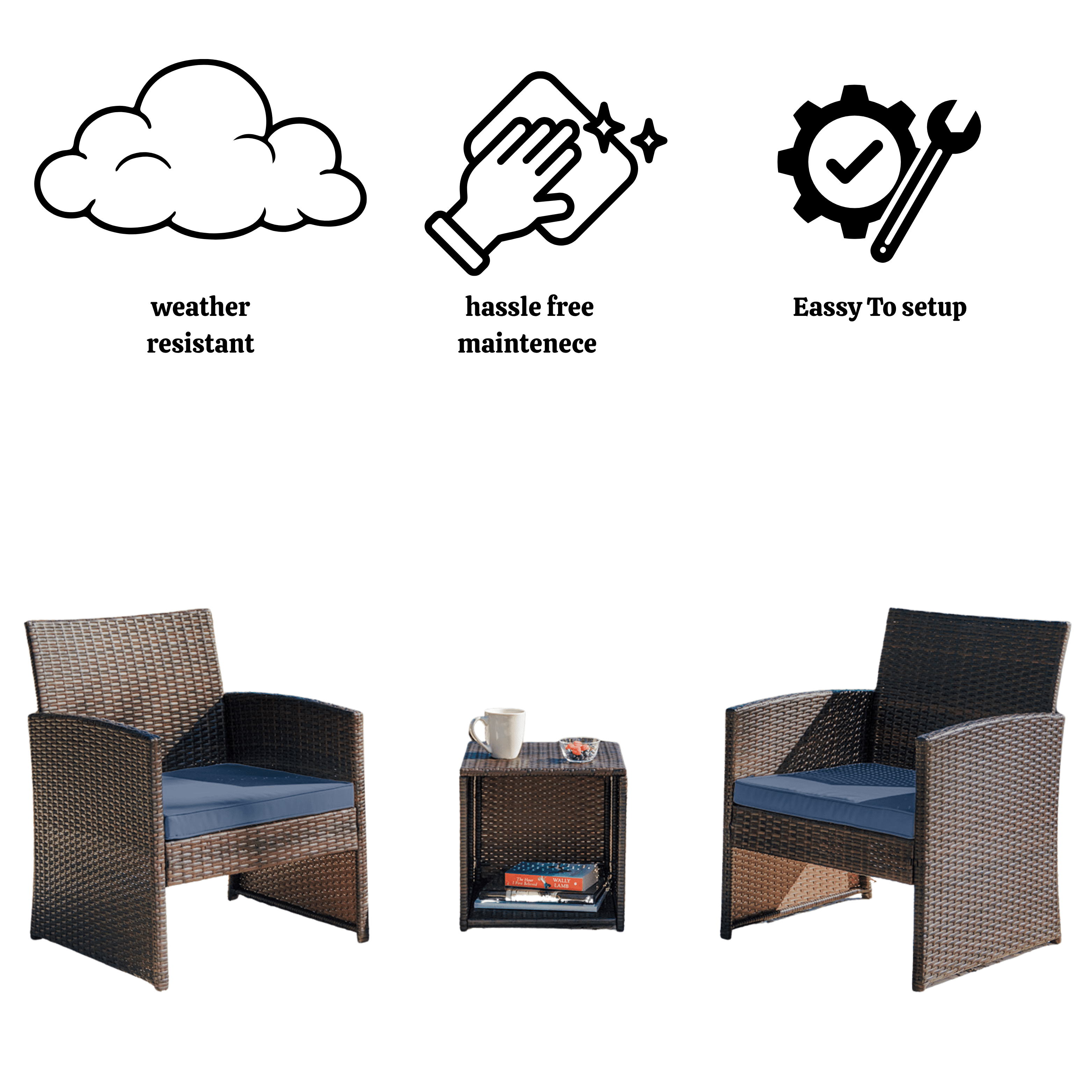 Lammaloe Outdoor Patio Furniture Sets 3 Piece Outdoor Furniture with 2 Chairs & Storage Side Table, Porch Furniture Patio Set, Gray/Navy Blue