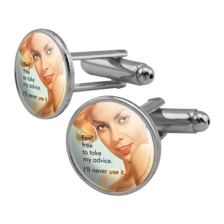 Feel Free to Take My Advice I'll Never Use it Funny Humor Round Cufflink Set Silver Color