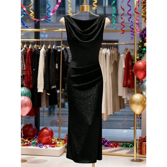ClodeEU Women's Satin Cowl Neck Sleeveless Ruched Bodycon Midi Dress,Formal Cocktail Party Evening Gown Black,Women's Plus L