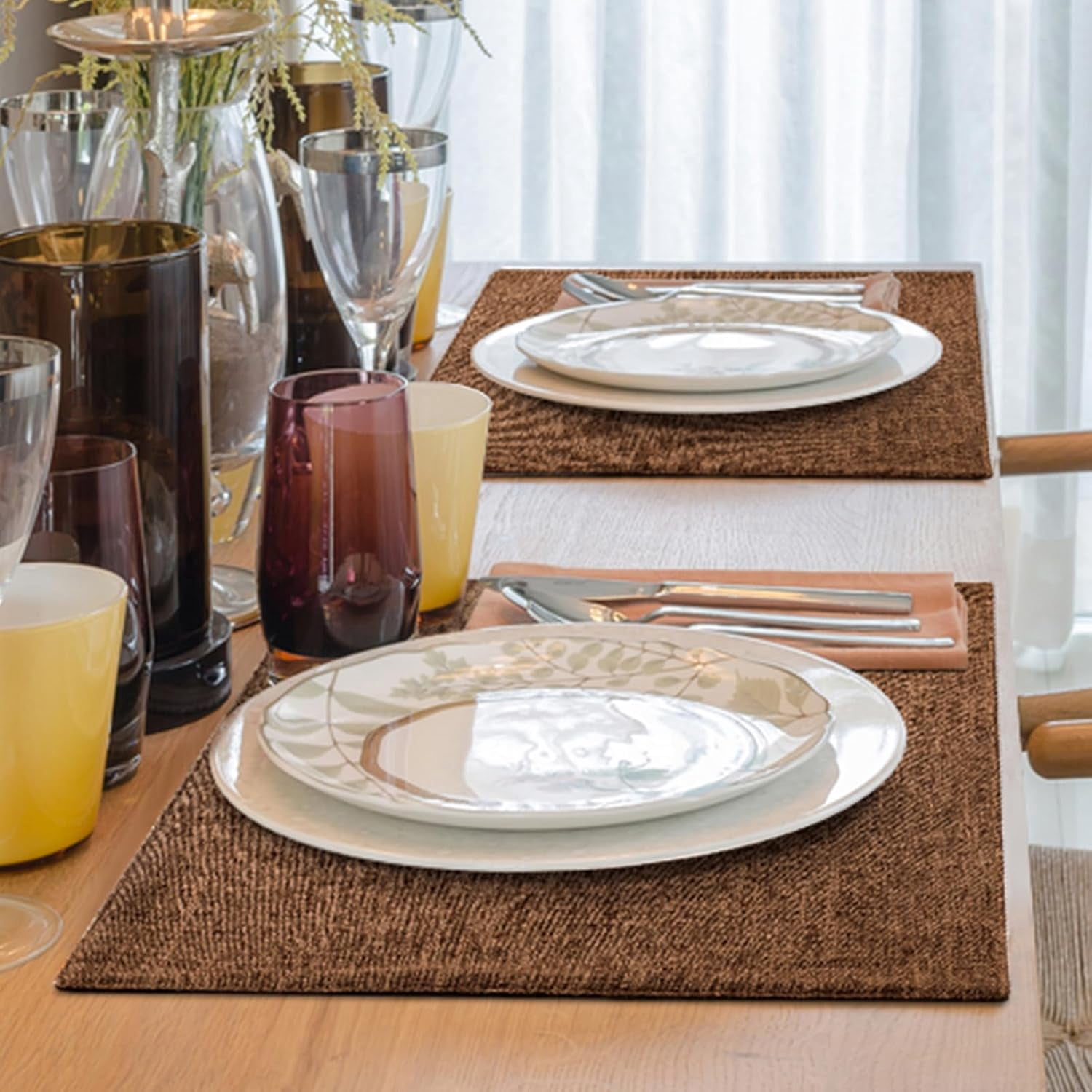 Brown Cloth Placemats Set of 6 Cotton Linen Blend Washable Farmhouse Dining Table Mats for Indoors & Outdoors, Easy to Clean, 13 x 19 Inch