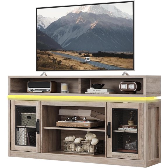 LUDYSHARE Farmhouse TV Stand for TVs Up to 65 Inches, Tall Entertainment Center with Storage Cabinets & LED Lights, Media Console for Living Room, Bedroom, Home Theater, Gray Oak