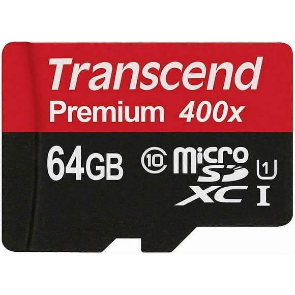 Transcend 64GB microSDXC Class 10 UHS-I 400x memory card.