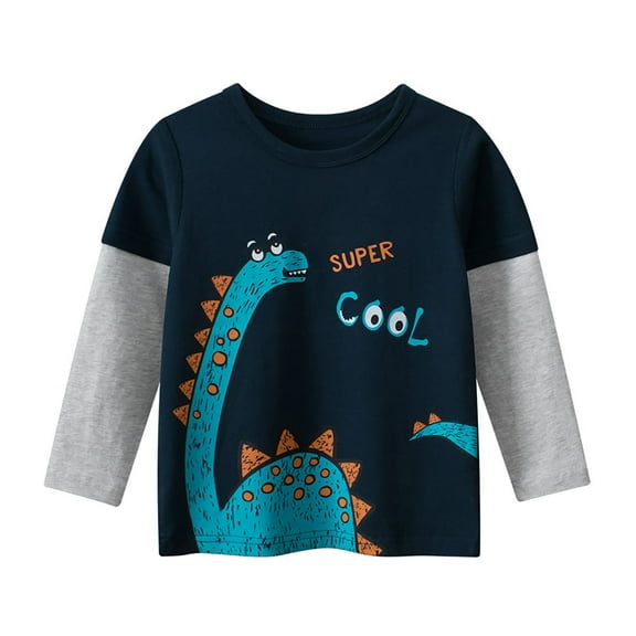Boys Shirts Toddler Baby Girls Long Sleeve Cartoon Dinosaur Prints Tees Shirt Fall Winter Clothes Boys' Tops Dark Blue 18 Months-24 Months
