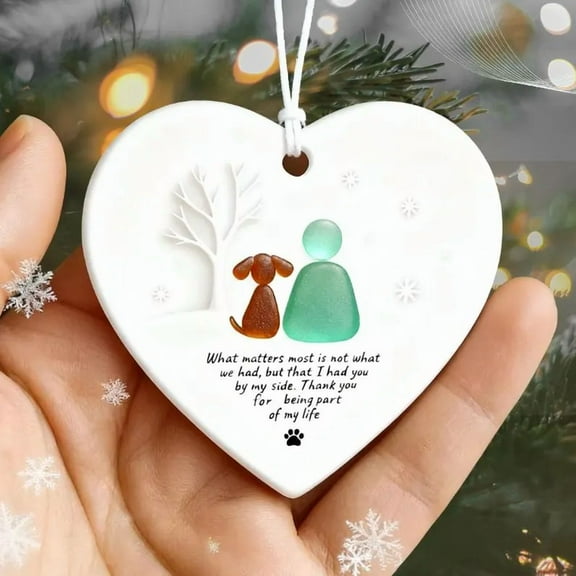 Ceramic Dog Memorial Hanging Ornament, Heart Circle Design with Quote, Pet Remembrance Christmas Tree Decoration and Keepsake