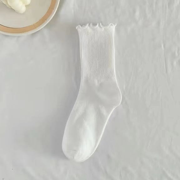 Ynynloco Women's Ruffle Edge Ribbed Crew Socks Soft Cotton Mid Calf Socks for Casual and Sweet Style