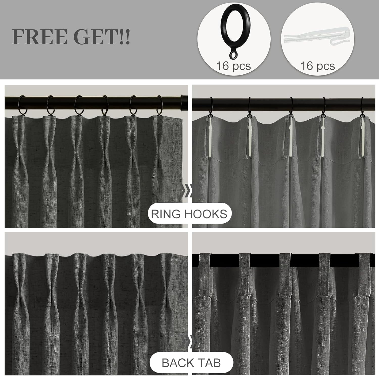 Nalqet Pinch Pleated Linen Curtains 84 inch Length 2 Panels Set, Light Filtering Linen Blend Sheer Drapes Memory Trained Pleated Curtain Back Tab with Hooks Rings for Living Room Bedroom, Dark Grey