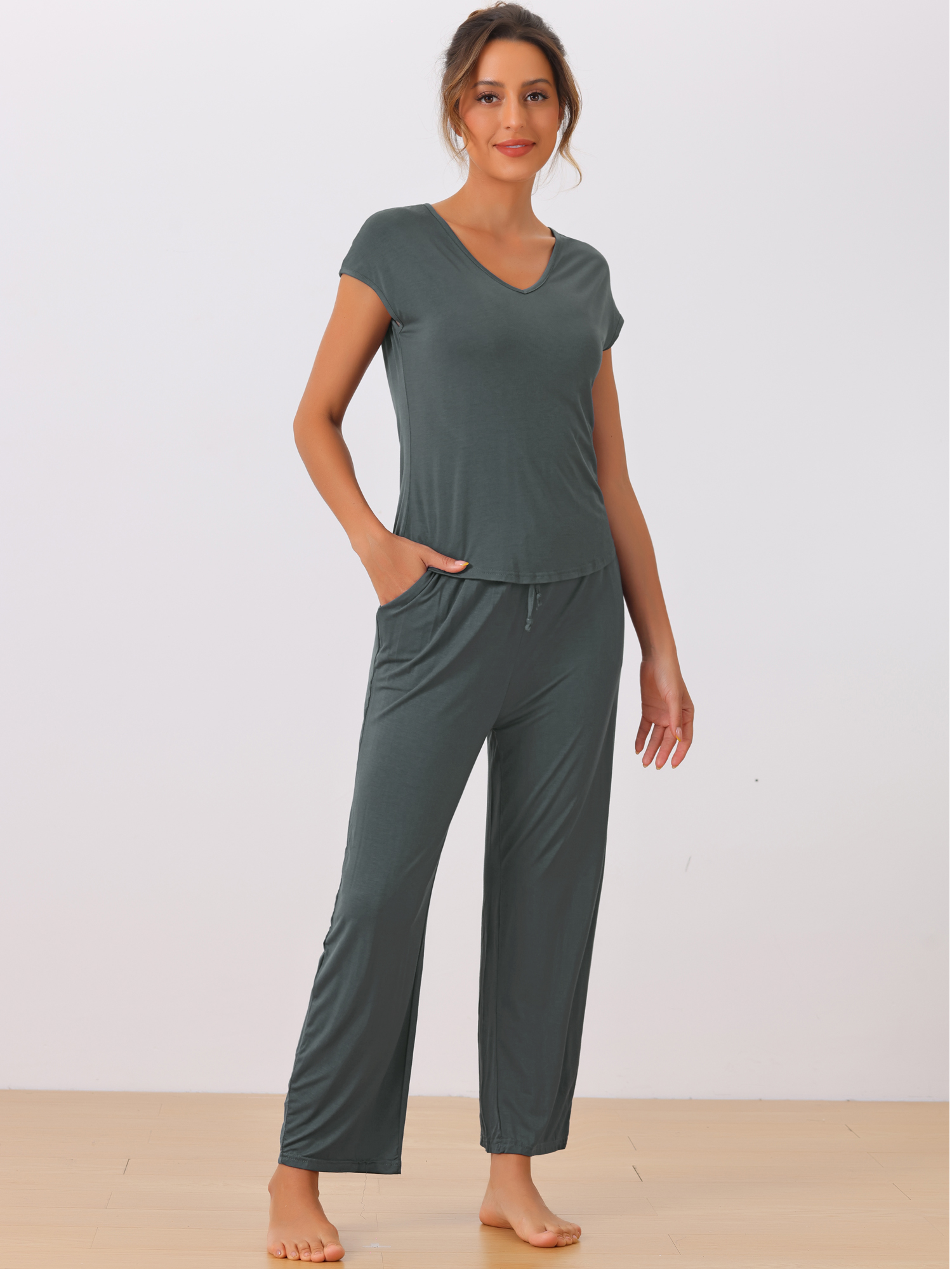 DARING DIVA Women's Short Sleeve Pajama Set Loungewear Long Pants Sweatsuit L Deep Grey