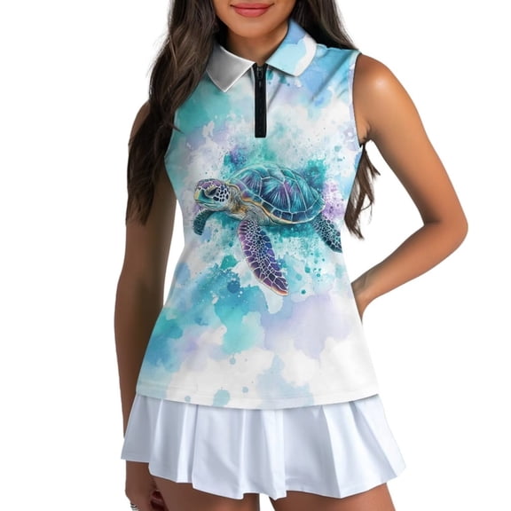 XYZCANDO Sea Turtle Sleeveless Golf Shirts for Women Washable Stretchy V Neck Women Tennis Shirt Breathable Elastic Zip Up Golf Shirts for Womens Golfs Clothes