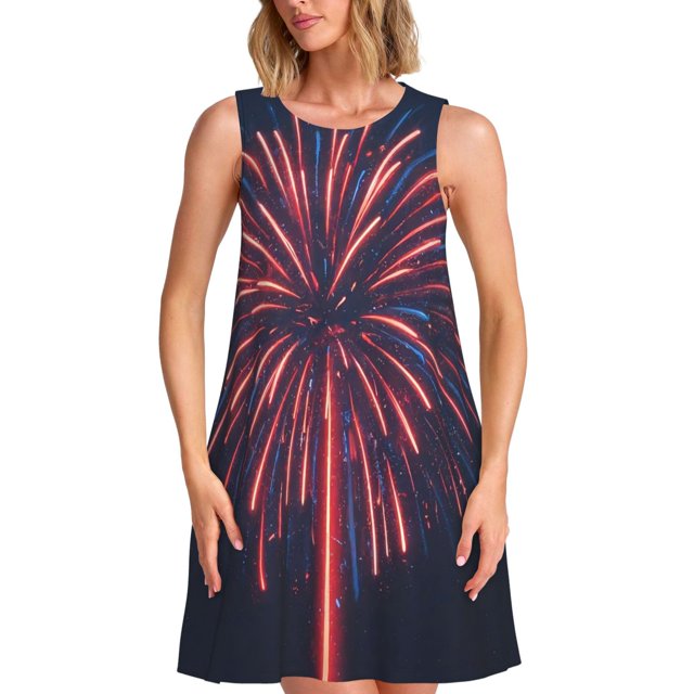 Disketp Fireworks3 para Vestido sin Mangas para Mujeres, Vestidos de Verano para Mujeres, Casual y Holgado para la Playa