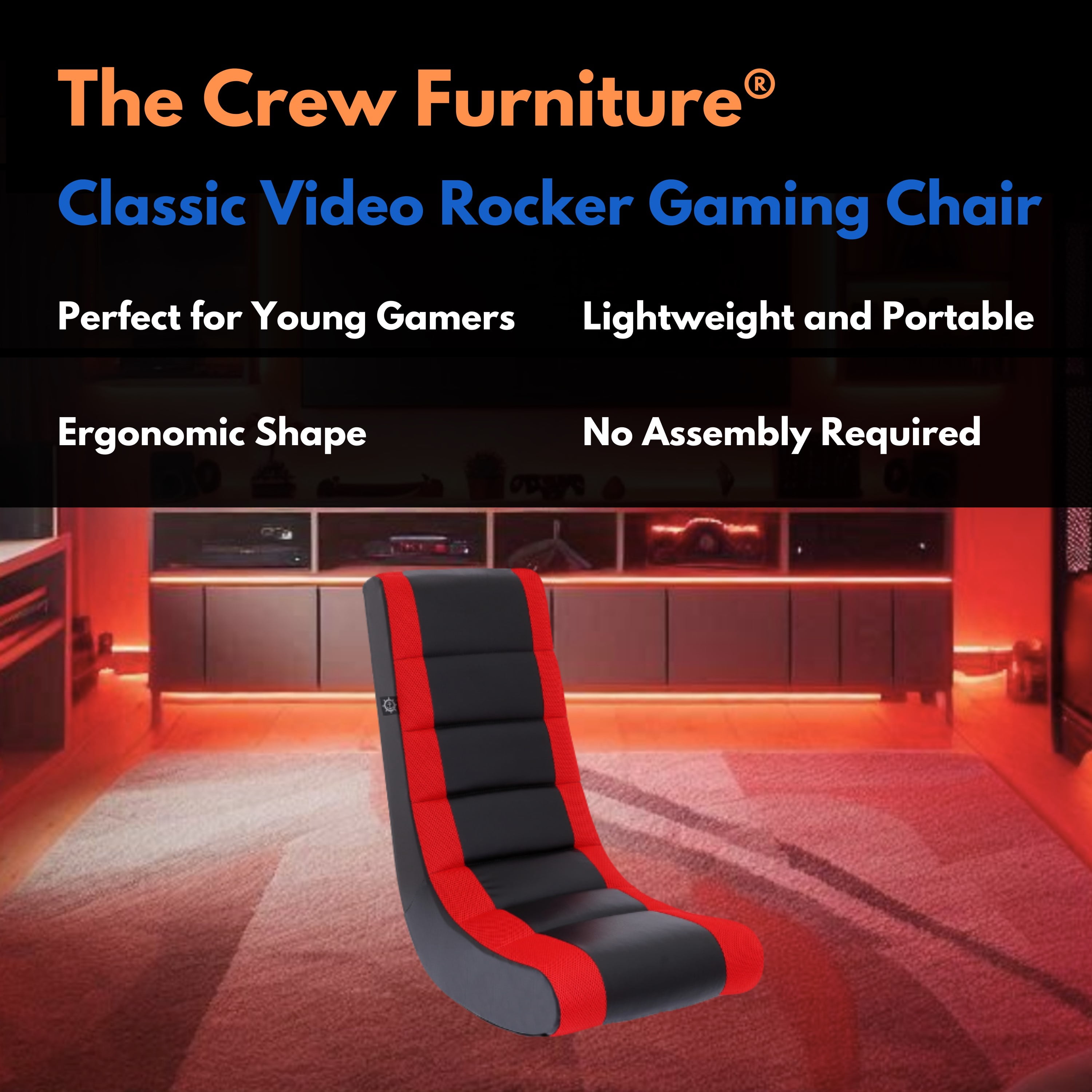 The Crew Furniture Classic Video Rocker Floor Gaming Chair, Kids and Teens, PU Faux Leather & Polyester Mesh, Black/Red